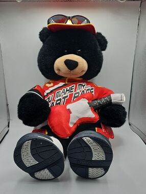 Build-A-Bear Black Bear In Racing One Piece Suit With Shoes, Guitar, Hat Glasses